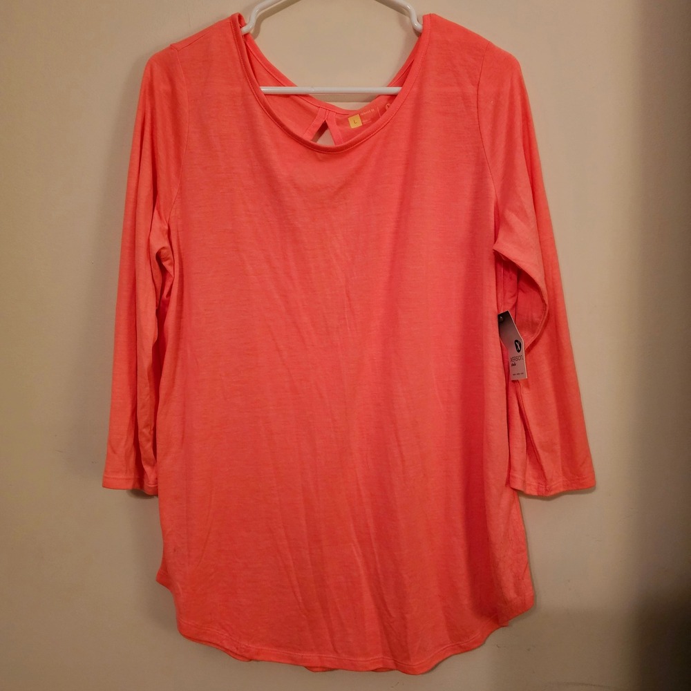 Xersion Studio Coral Splash Relaxed Fit Cutout Back 3/4 Sleeve Shirt Womens L